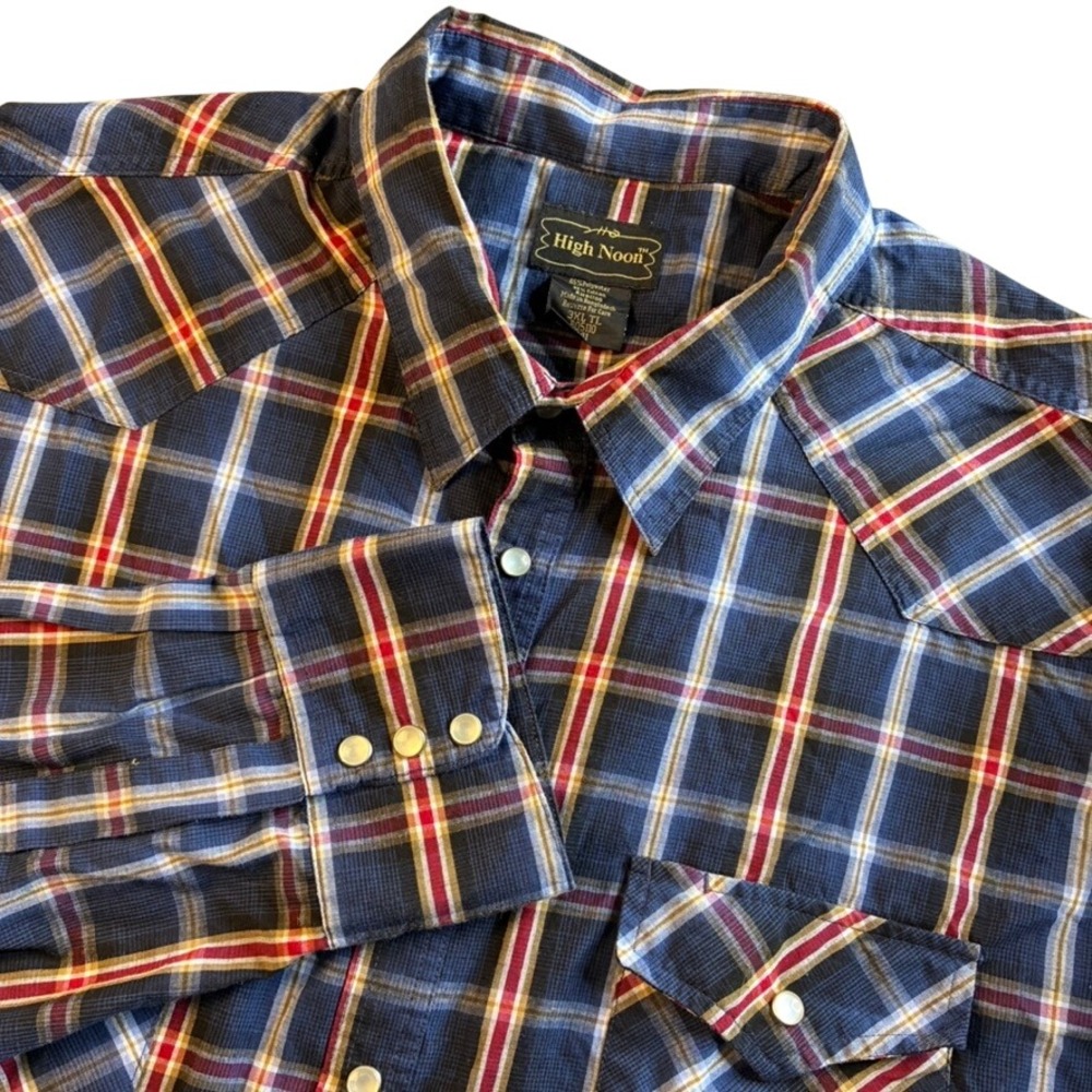 High Noon Men's Western Pearl Snap Shirt 3XL Tall Navy Red Plaid‎ Long Sleeve